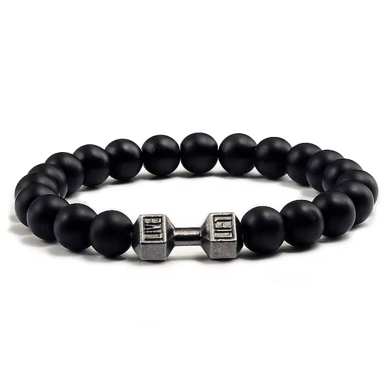 Men's Natural Volcanic Stone Bracelet with Matte Black Lava and White Beads - Charms and Dumbbell Design for Fitness Jewelry