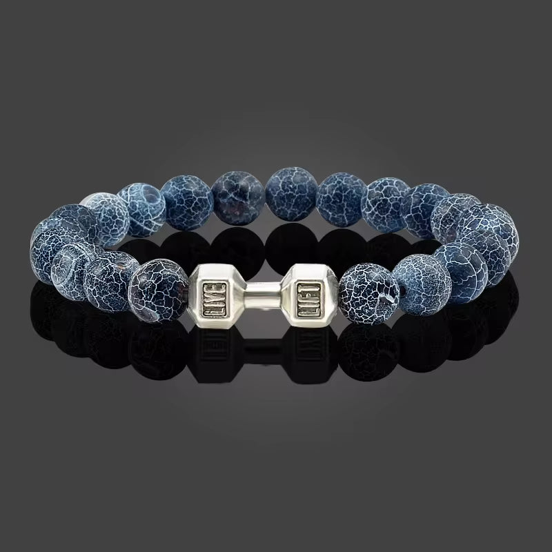 Men's Natural Volcanic Stone Bracelet with Matte Black Lava and White Beads - Charms and Dumbbell Design for Fitness Jewelry