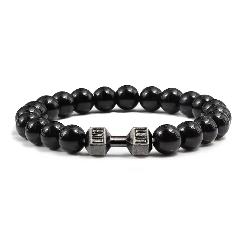 Men's Natural Volcanic Stone Bracelet with Matte Black Lava and White Beads - Charms and Dumbbell Design for Fitness Jewelry