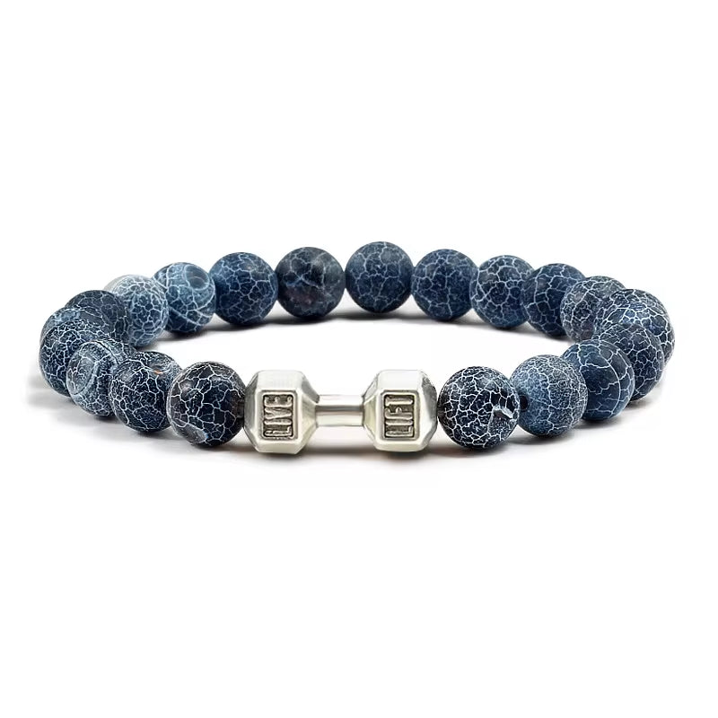 Men's Natural Volcanic Stone Bracelet with Matte Black Lava and White Beads - Charms and Dumbbell Design for Fitness Jewelry