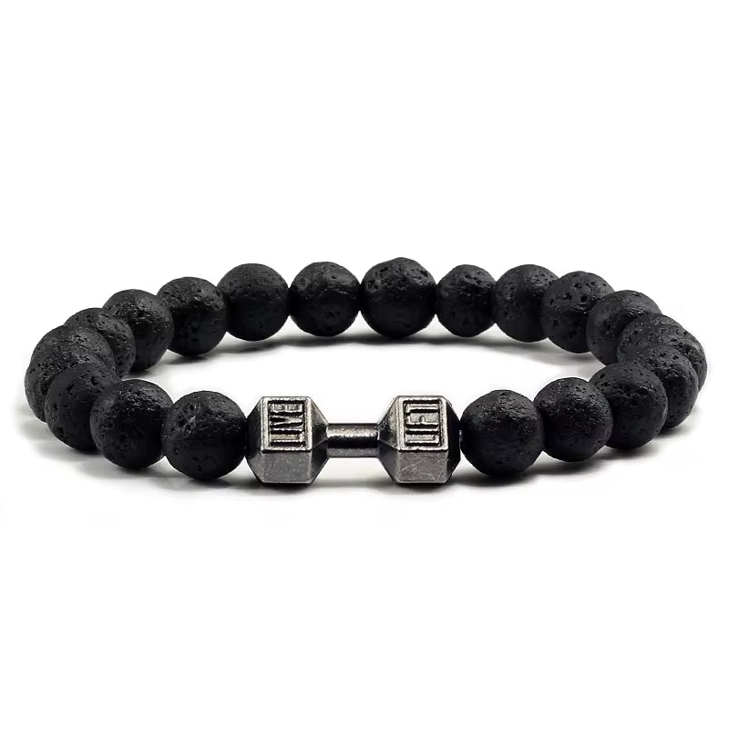 Men's Natural Volcanic Stone Bracelet with Matte Black Lava and White Beads - Charms and Dumbbell Design for Fitness Jewelry