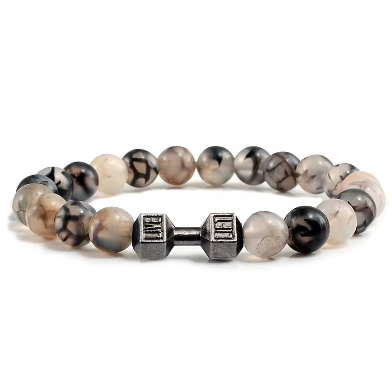 Men's Natural Volcanic Stone Bracelet with Matte Black Lava and White Beads - Charms and Dumbbell Design for Fitness Jewelry