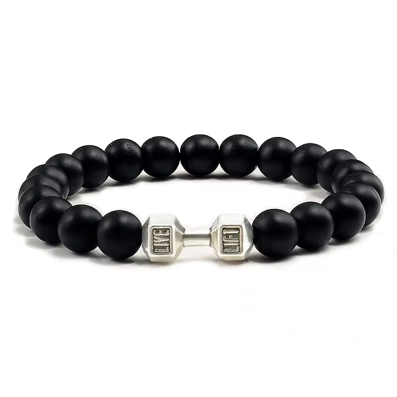 Men's Natural Volcanic Stone Bracelet with Matte Black Lava and White Beads - Charms and Dumbbell Design for Fitness Jewelry