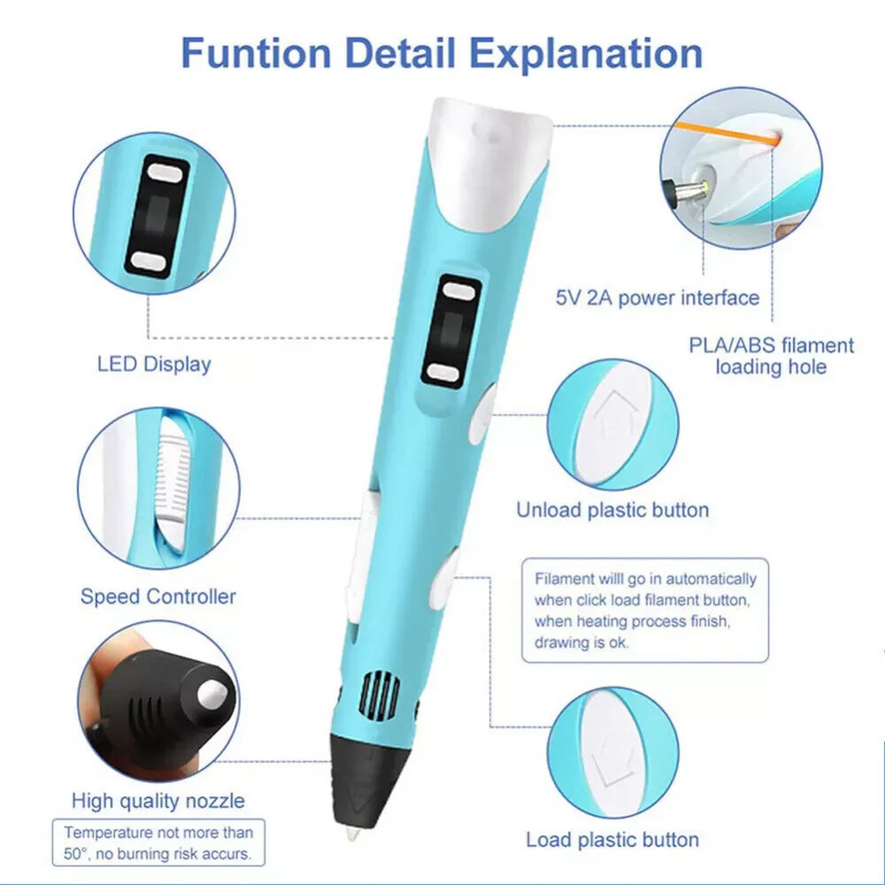 3D Printing Pen Set with LCD Screen and USB, Includes 3 Complimentary Filaments - Ideal Gift for Kids