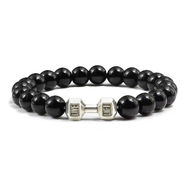 Men's Natural Volcanic Stone Bracelet with Matte Black Lava and White Beads - Charms and Dumbbell Design for Fitness Jewelry