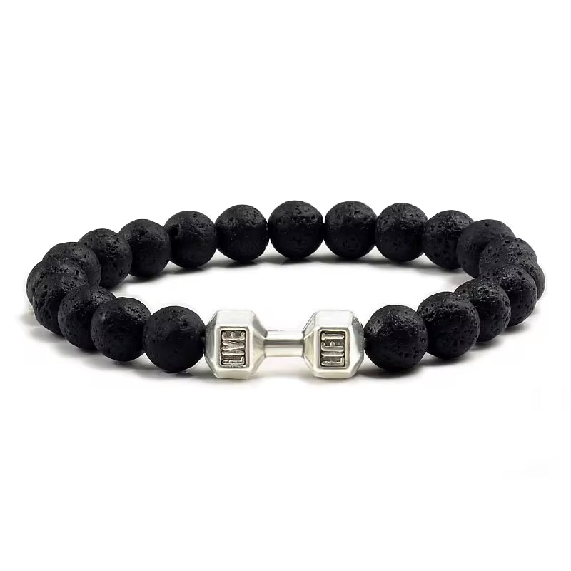 Men's Natural Volcanic Stone Bracelet with Matte Black Lava and White Beads - Charms and Dumbbell Design for Fitness Jewelry