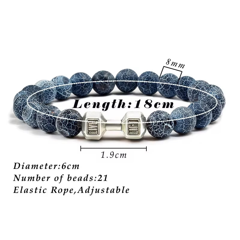 Men's Natural Volcanic Stone Bracelet with Matte Black Lava and White Beads - Charms and Dumbbell Design for Fitness Jewelry