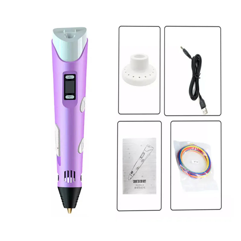 3D Printing Pen Set with LCD Screen and USB, Includes 3 Complimentary Filaments - Ideal Gift for Kids